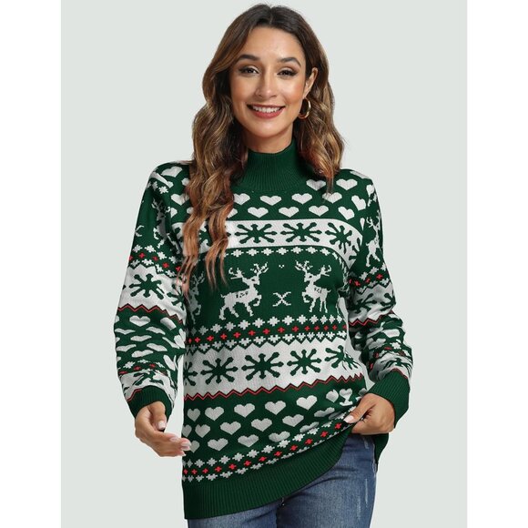 Women Ugly Christmas Green##1 Sweater Reindeer Snowflake Knit Pullover Crew Neck - Picture 5 of 6